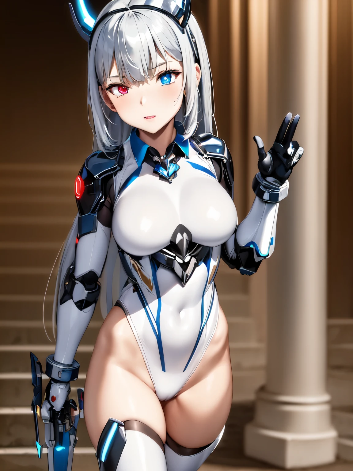 (Highest quality)), ((masterpiece)),Luminous_Valentine,Valkyrie Mech, master chef style armor, Silver Hair、Waist-length hair, (blue eyes:1.2), Heterochromia iridis, (Red eyes:1.3)、Beautifully colored eyes、Sci-Fi Technology, Very sexy leotards, Combat pose,