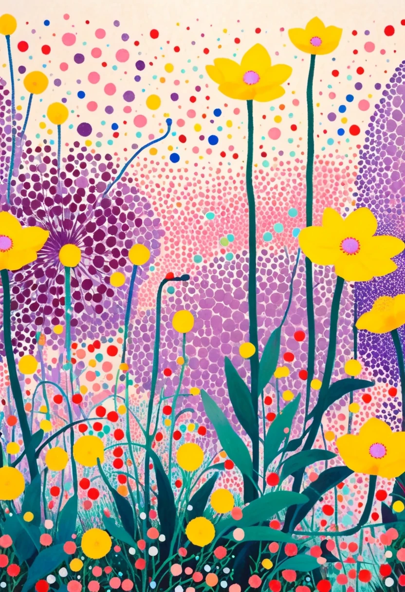 A painting，Inspired by Yayoi Kusama：((（Dichondra micrantha Urban）)), Bright colors, Purple和, cute的, Bright colors，cute, Lavender Color and Color Schemes, 和Purple的配色方案, Beautiful Art, Purple, Whimsical Art, 和Purple色调, Lime and Violet, Close together,, spring, Inspired by Tomokazu Matsuyama, Delightful
