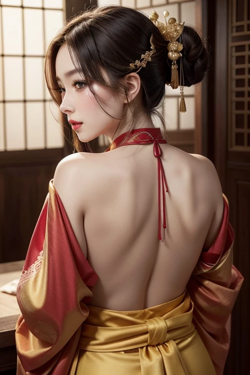 Tang Dynasty Full Dress Tang Dynasty Full Dress A young woman takes off her clothes and sits on the bed on her wedding night. She crawls naked and arches her buttocks for her husband who is holding her buttocks.