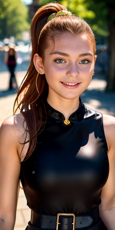 Photo of a 16 year-old European girl, .RAW, very beautiful woman, (Light brown hair ponytail) Ponytail hairstyle , braces on teeth , Nice smile , big smile , ((portrait)), ((detailed face:1.2)), (finely detailed skin), Pale skin,、a sexy one(cold color), wet, wet, Reflectors, (mastrepiece) (perfect proportions)(Realistic photos)(The best quality) (detailed) photographed with a Canon EOS R5, 50mm lens, f/2.8, NffSW, (8k) (wallpaper) (cinematic lighting) (Dramatic lighting) (Sharp focus) (Convoluted)  ,   teenager ,teenage model  , Beautiful teen model, make-up , beautiful elegant dress , Luan Loud  ,Full body photo , full body , sexy heeled long boots , Freckles in the face , posing for photo , park , sunny day , garden 