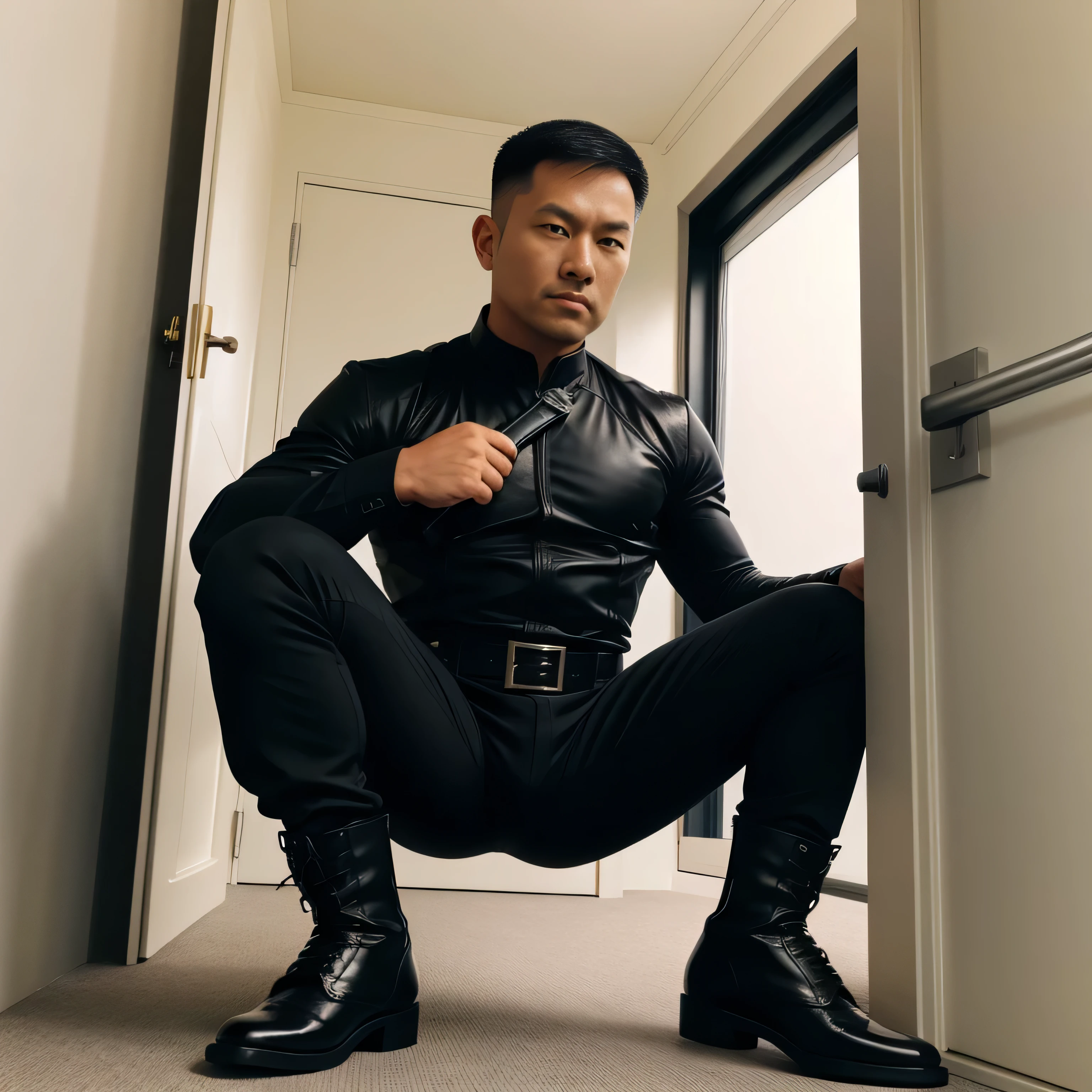30 years old,One Man,Black bodysuit、Shocker Belt、Combatant、With a handgun on his hip、corridor、Sit with your legs apart at the door、,,logic,Gay ,Very short hair、　,Asian Faces,、The crotch area of my trousers is swollen　Handsome　　Seen from below