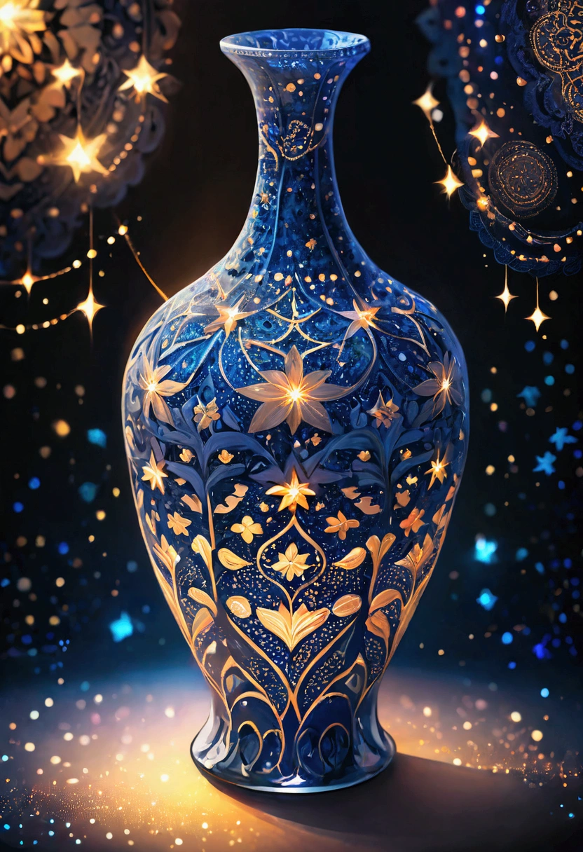 A beautiful bottle, like delicate and beautiful lace woven into a three-dimensional space. Many religious patterns are displayed, and the surface of the vase shows the color of the starry sky. Very simple background, beautiful lights, highly concentrated, Beautiful bokeh, shot from above,