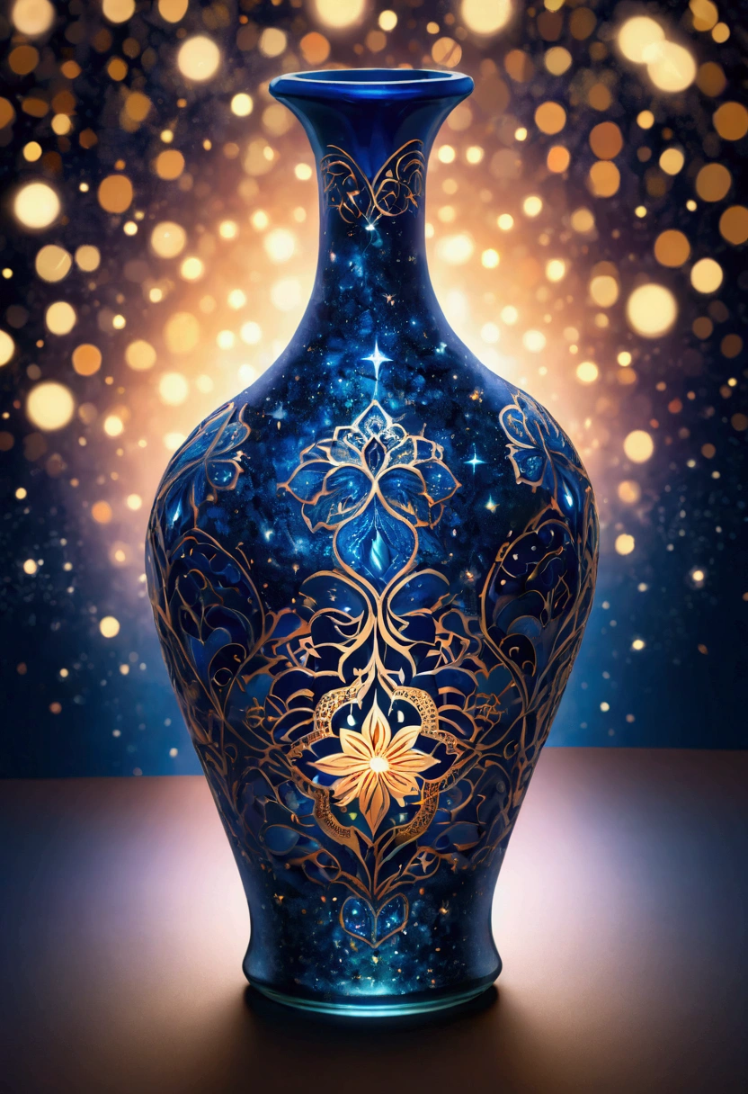 A beautiful bottle, like delicate and beautiful lace woven into a three-dimensional space. Many religious patterns are displayed, and the surface of the vase shows the color of the starry sky. Very simple background, beautiful lights, highly concentrated, Beautiful bokeh, shot from above,