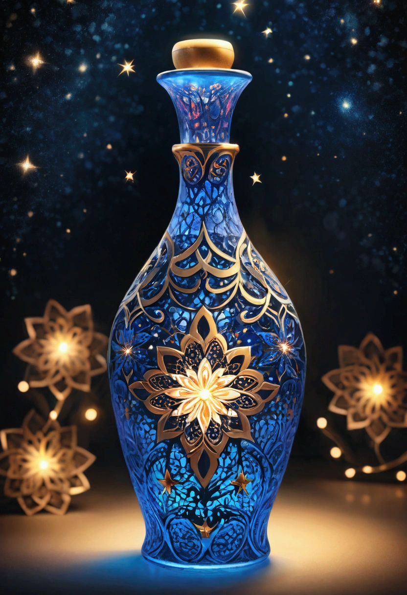 A beautiful bottle, like delicate and beautiful lace woven into a three-dimensional space. Many religious patterns are displayed, and the surface of the vase shows the color of the starry sky. Very simple background, beautiful lights, highly concentrated, Beautiful bokeh, shot from above,