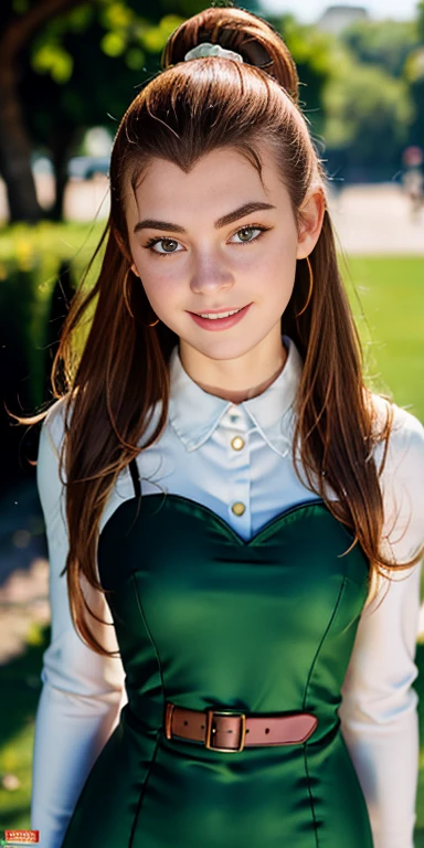 Photo of a 16 year-old European girl, .RAW, very beautiful woman, (Light brown hair ponytail) Ponytail hairstyle , braces on teeth , Nice smile , big smile , ((portrait)), ((detailed face:1.2)), (finely detailed skin), Pale skin,、a sexy one(cold color), wet, wet, Reflectors, (mastrepiece) (perfect proportions)(Realistic photos)(The best quality) (detailed) photographed with a Canon EOS R5, 50mm lens, f/2.8, NffSW, (8k) (wallpaper) (cinematic lighting) (Dramatic lighting) (Sharp focus) (Convoluted)  ,   teenager ,teenage model  , Beautiful teen model, make-up , beautiful elegant dress , Luan Loud  ,Full body photo , full body , sexy heeled long boots , Freckles in the face , posing for photo , park , sunny day , garden 