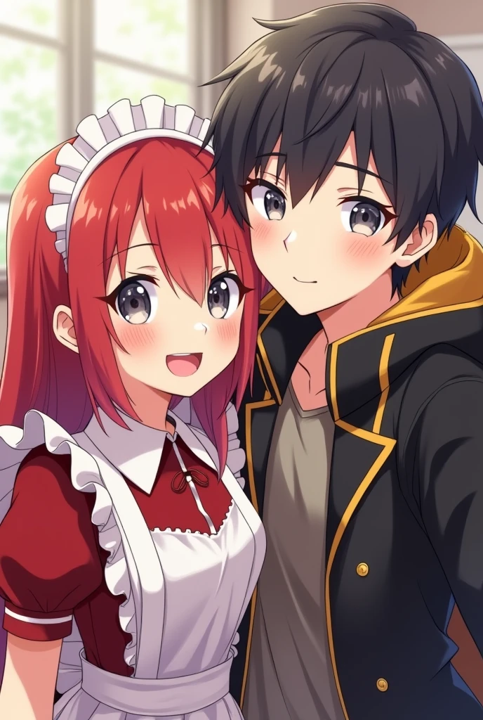 Anime cute Pair red long hair and The bangs are flat and even girl grey eyes white red maid, A cute Korean boy black hair grey eyes, black jacket, yellow accessories, selfie