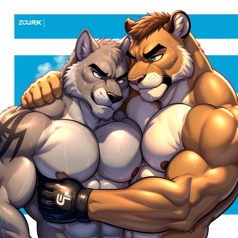 Duo, male/male, two males (((lion, muscular, broad shoulders, nipples, clawed hands, blue eyes, tan body, tan fur, brown hair, mane, big pecs, abs, tail, black jockstrap, huge bulge))) standing, detailed eyes, detailed bulge, detailed hands, detailed arms, detailed species ((focus eyes, focus interspecies, focus separate species, focus bulge frontage, focus domestic dog)) 5 fingers, pinning, pinning against surface, from front position, facing partner, hands on hips, separate species, interspecies, inter species, kissing, bulge frottage, domestic dog doesn’t have a mane (((domestic dog, looking shy, blue pupils, massive pecs, brown spots on legs, white body, white legs, white arms, white head, brown ears, brown spots on legs, floppy ears, folded ears, pink nipples, brown spot around left eye, big cock, bubble butt, long snout, white fur, blue eyes, naked, no mane, no hair, being pinned to wall, back against wall, arms pinned))) perfect anatomy, accurate anatomy, nsfw, by darkgem, by mystikfox61, by glitter trap boy