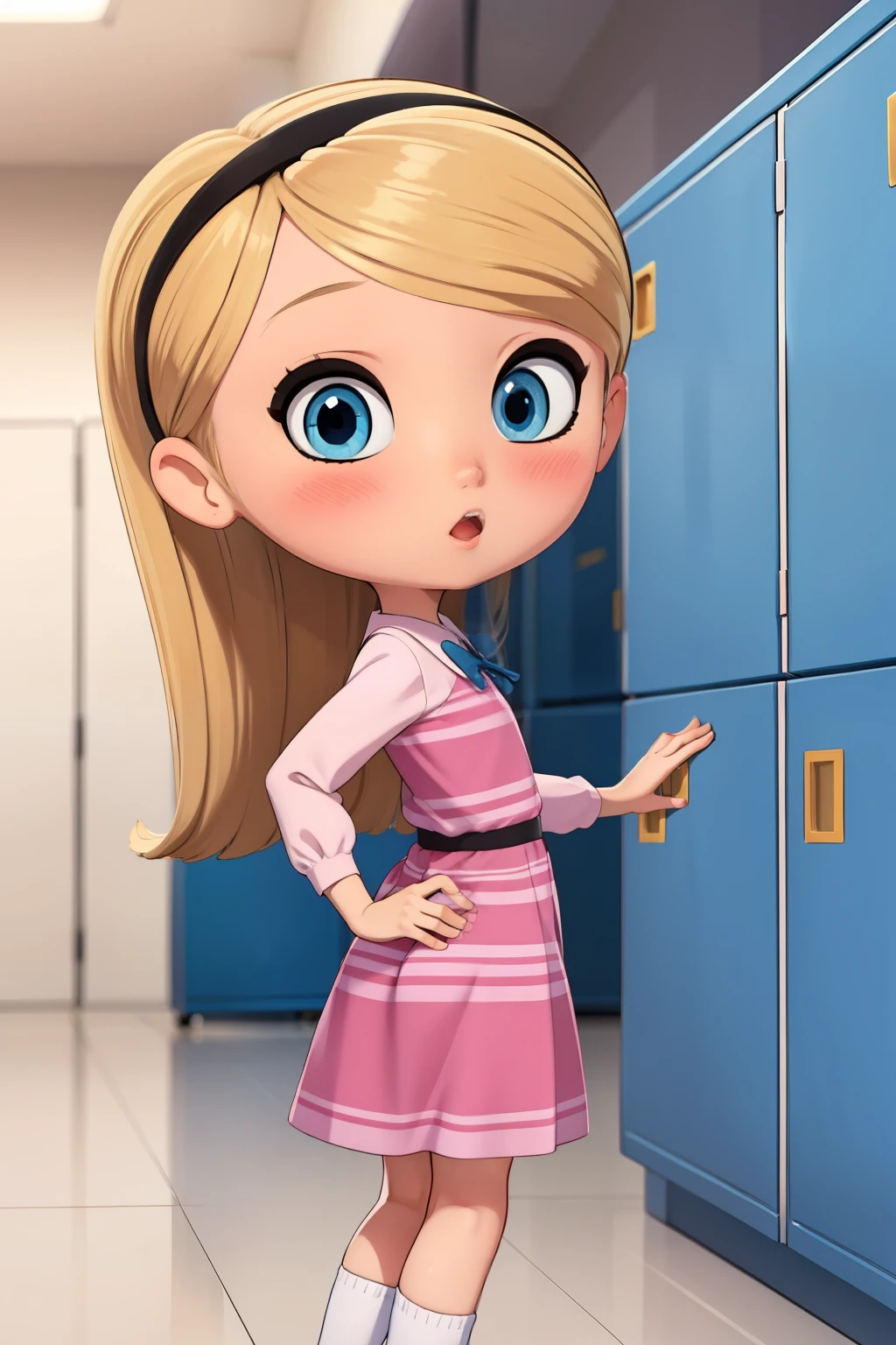 (masterpiece, best quality:1.2), 1girl, solo, penny peterson, best quality,detailed eyes,((penny peterson)), ((pink dress)), puffy sleeves, blue eyes, blonde hair, long hair, cyan blue ribbon, ponytail white tube socks, blushing, surprised, scared, looking at viewer:1.3), showing butt, backside, mouth, school, school lockers,