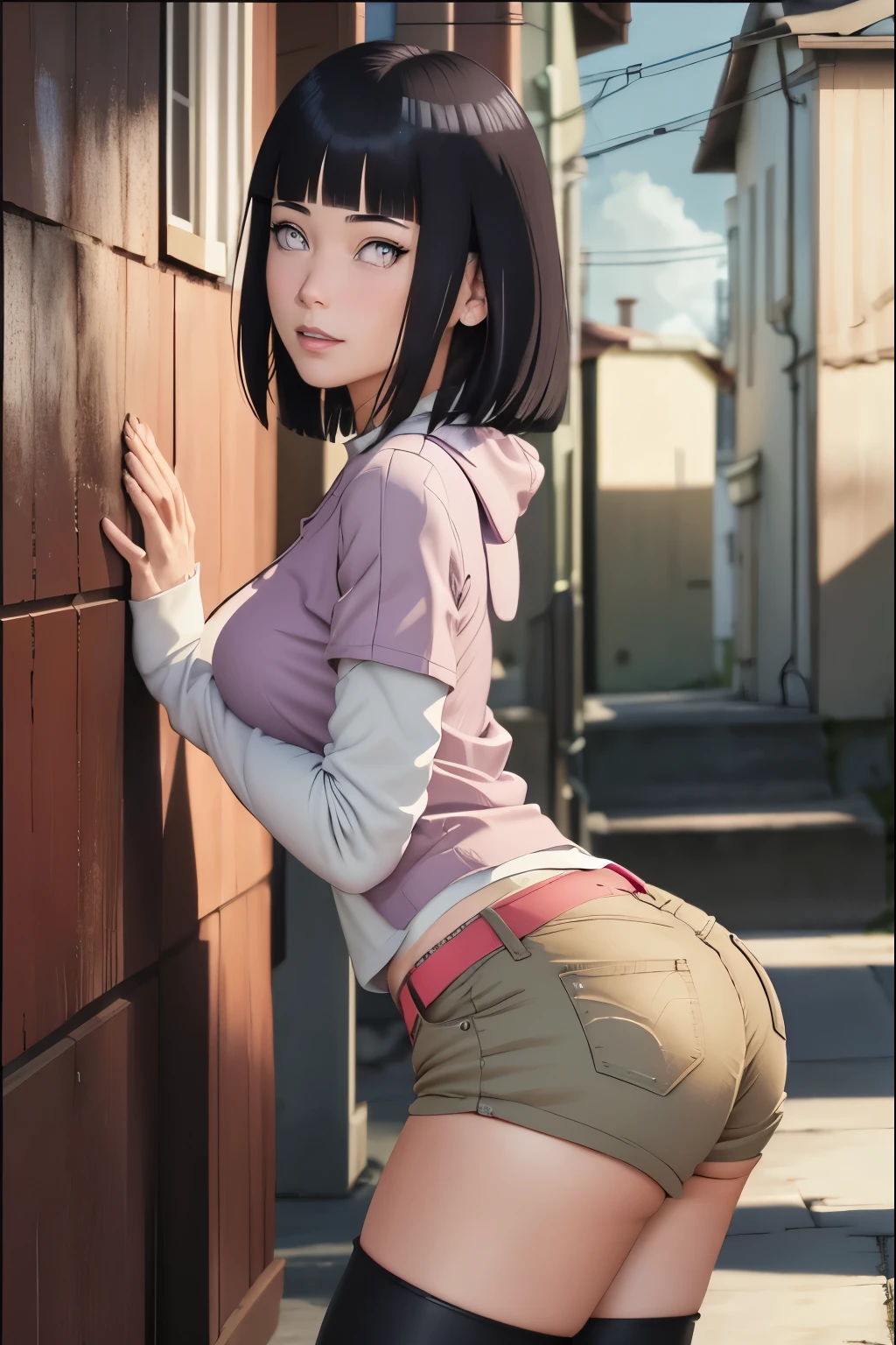 master part, absurderes, hinata\(boruto\), 1 girl, standing alone,mature woman, purple hoodie,layered sleeves, short brown jeans sexy, plein-air, cloudy sky, perfect composition, circumstantial lips, large breasted, pretty face, Body Proportion, blush, (pink lips), short black hair (black hairr), lilac eyes, smooth appearance, super realistico, circunstanciado, photoshoot, realistic face and body, realistic hair, realisticeyes, realistic nose, realistic lips, brown jeans, animadas, dancing lightly. on your back, with chin under shoulder, looking back sensually, sorriso sexy, mouth shut. different pose.