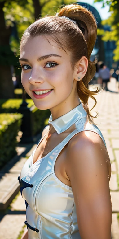 Photo of a 16 year-old European girl, .RAW, very beautiful woman, (Light brown hair ponytail) Ponytail hairstyle , braces on teeth , Nice smile , big smile , ((portrait)), ((detailed face:1.2)), (finely detailed skin), Pale skin,、a sexy one(cold color), wet, wet, Reflectors, (mastrepiece) (perfect proportions)(Realistic photos)(The best quality) (detailed) photographed with a Canon EOS R5, 50mm lens, f/2.8, NffSW, (8k) (wallpaper) (cinematic lighting) (Dramatic lighting) (Sharp focus) (Convoluted)  ,   teenager ,teenage model  , Beautiful teen model, make-up , beautiful elegant dress , Luan Loud  ,Full body photo , full body , sexy heeled long boots , Freckles in the face , posing for photo , park , sunny day , garden 