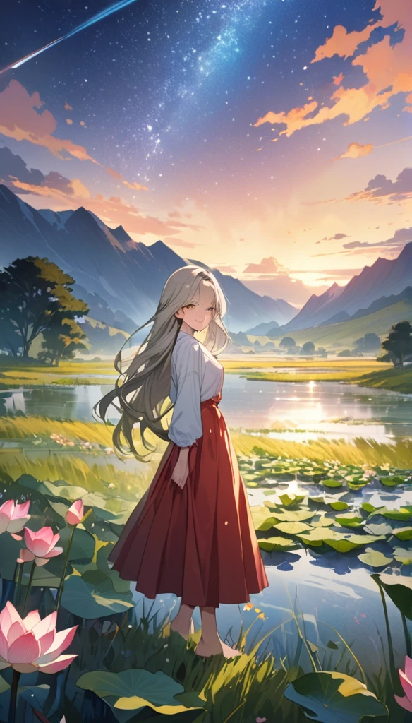 ((4K,masterpiece,Highest quality)), Watercolor,Lotus, A girl who dresses modestly, alone, Silver blonde long hair, smile, Are standing, barefoot,grassland,Starry Sky,Cloudy,There is a pond,Wildflowers are in full bloom,Vibrant colors,Illustration art,Anime Art,