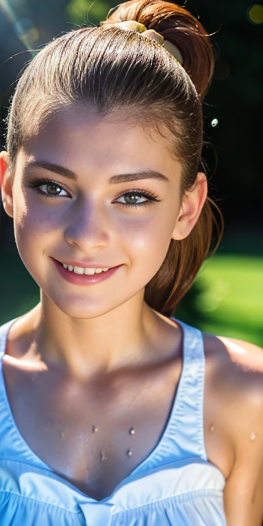 Photo of a 16 year-old European girl, .RAW, very beautiful woman, (Light brown hair ponytail) Ponytail hairstyle , braces on teeth , Nice smile , big smile , ((portrait)), ((detailed face:1.2)), (finely detailed skin), Pale skin,、a sexy one(cold color), wet, wet, Reflectors, (mastrepiece) (perfect proportions)(Realistic photos)(The best quality) (detailed) photographed with a Canon EOS R5, 50mm lens, f/2.8, NffSW, (8k) (wallpaper) (cinematic lighting) (Dramatic lighting) (Sharp focus) (Convoluted)  ,   teenager ,teenage model  , Beautiful teen model, make-up , beautiful elegant dress , Luan Loud  ,Full body photo , full body , sexy heeled long boots , Freckles in the face , posing for photo , park , sunny day , garden 