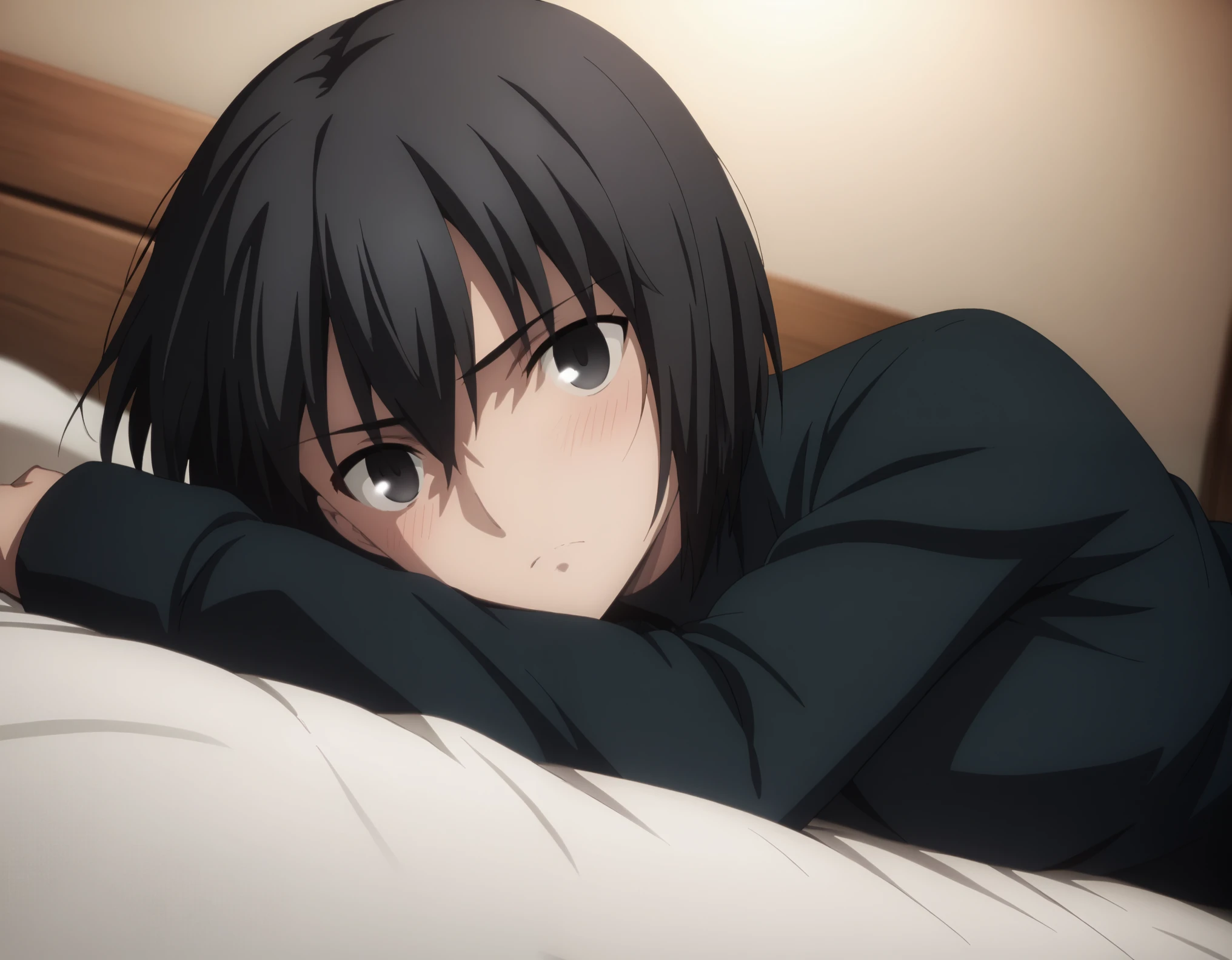 sauce_anime, ambient light,
fsn_ubw_style, 1girl ,tall girl, straight hair ,bob cut hair, black hair, deep black eyes, squinting, hair between eyes, perfect eyes , Perfect face, expressive eyes, close up face:0.2 ,
( black shirt),,suit black pants, (slender body), slim body,
indoors, bed, realistic bed room, on side, ,
cowboy shot, looking at viewer, solo, dutch angle, blush, medium ,
