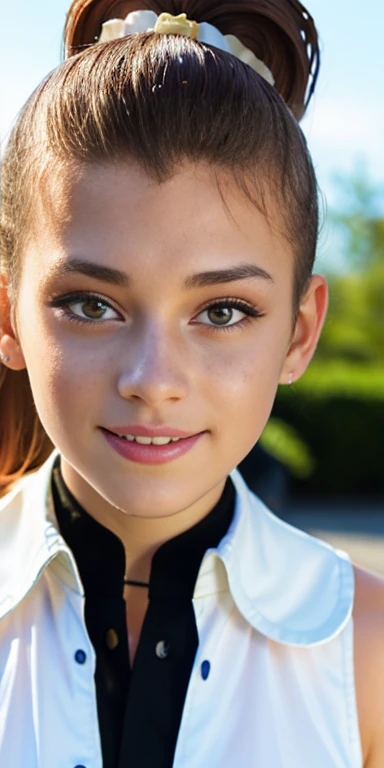 Photo of a 16 year-old European girl, .RAW, very beautiful woman, (Light brown hair ponytail) Ponytail hairstyle , braces on teeth , Nice smile , big smile , ((portrait)), ((detailed face:1.2)), (finely detailed skin), Pale skin,、a sexy one(cold color), wet, wet, Reflectors, (mastrepiece) (perfect proportions)(Realistic photos)(The best quality) (detailed) photographed with a Canon EOS R5, 50mm lens, f/2.8, NffSW, (8k) (wallpaper) (cinematic lighting) (Dramatic lighting) (Sharp focus) (Convoluted)  ,   teenager ,teenage model  , Beautiful teen model, make-up , beautiful elegant dress , Luan Loud  ,Full body photo , full body , sexy heeled long boots , Freckles in the face , medium breasts , beautiful face , perfect face ,  posing for photo , park , sunny day , garden 