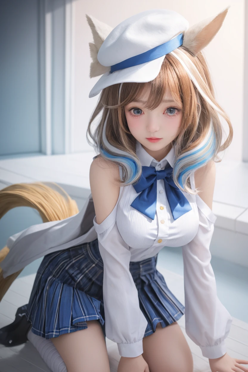 detailed face, cute face,brown eye, ((highest quality)), ((masterpiece)), ((1 girl)), alone, ferry, ((long hair)), ferryBase, ((Thighhighs)), bare shoulders, ((jewelry)), ((No sleeve)), white dress, blue skirt, ((gloves)), thigh height,