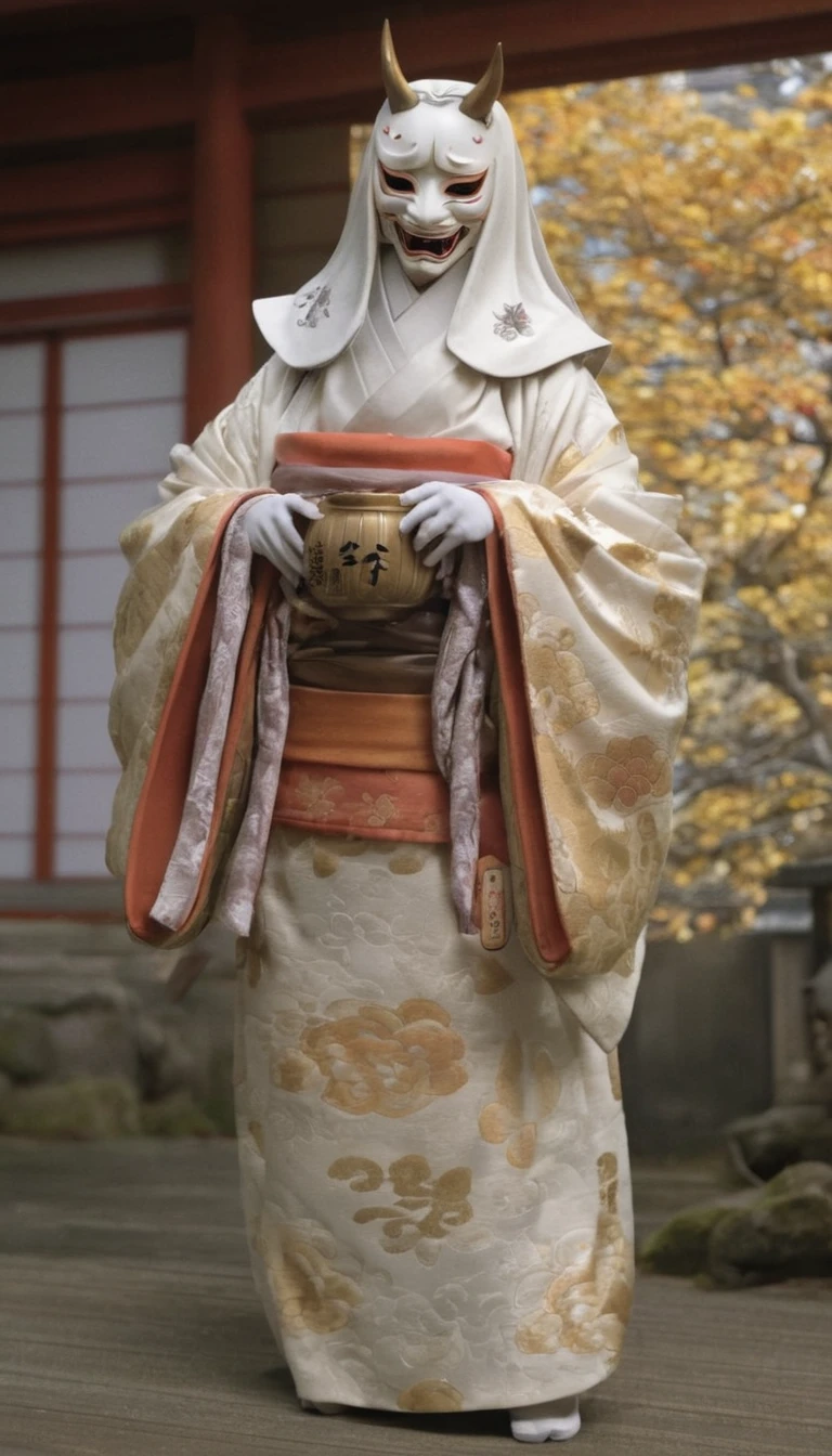 (Fox Mask:1.3), Movie quality, whole body, from the front:1.4, Highest quality,masterpiece,Very detailed,Very detailed, Girl wearing a Noh mask, A fully-tied Japanese hairstyle, 白いkimono, White kettle, kimono,whole body:1.5, Inside an old Japanese castle,A gorgeous but old ornament:1.5