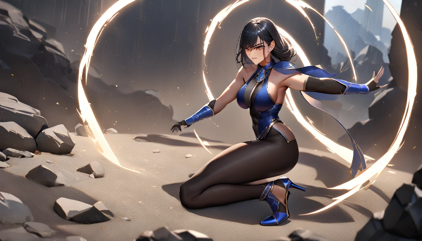 (masterpiece, best quality, 8k, sharp focus, depth of field, best shadows, perfect lights, HDR, realistic skin texture, ultra-detailed background, detailed),1girl, tall girl,sexy woman,in combat,fighting,serious face,black hairs, casting thunder magic,electric arcs surrounding her ,priestess,black priestess clothes,body tights,high heels,full body scenes ,very aesthetic,rocky background,perfect body ,perfect positioning