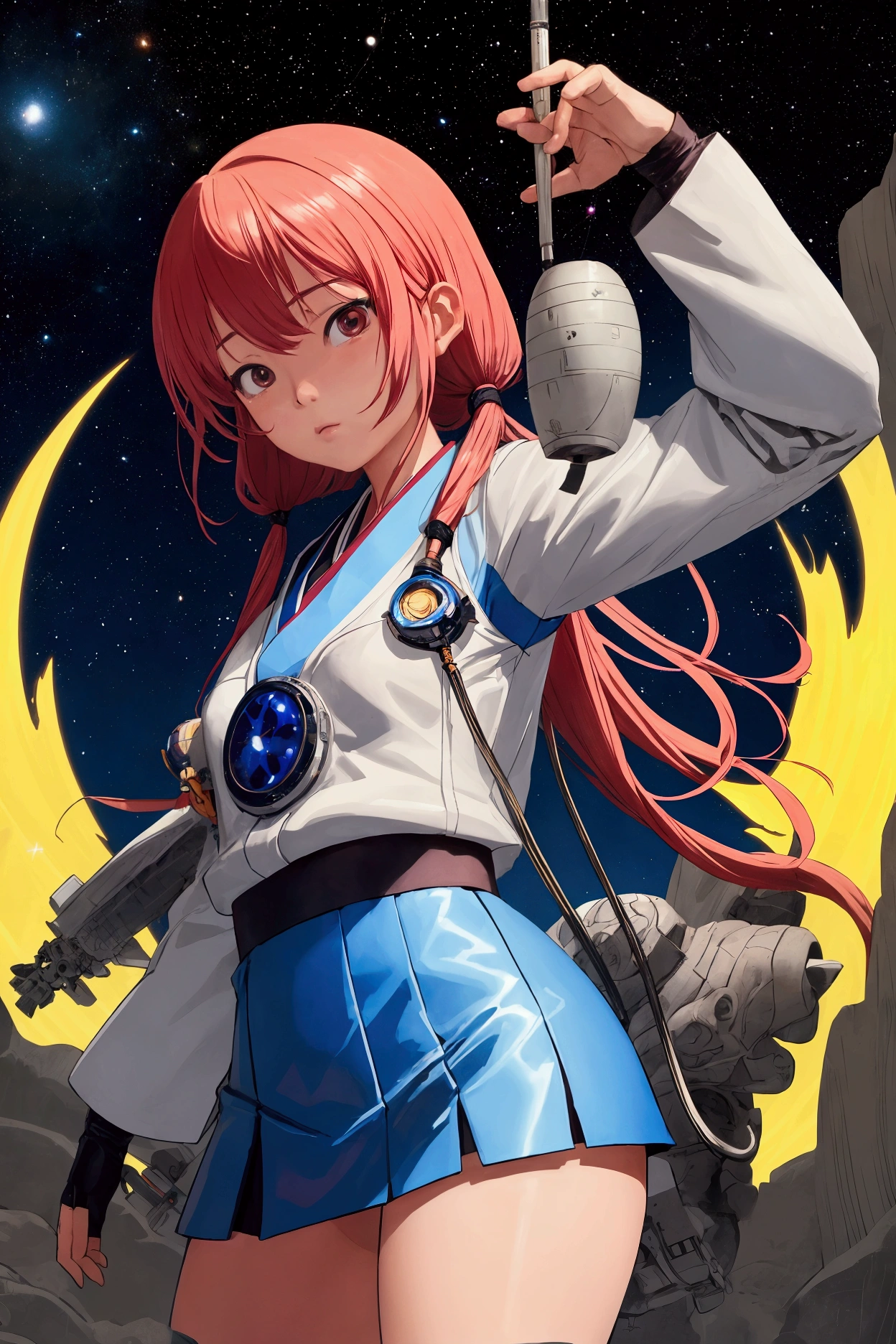 Naoyuki Kato, Hajime Sorayama, Yu Rong, Wally Wood, Keiko Takemiya, Surrealism, wonder, strange, bizarre, fantasy, Sci-fi, Japanese anime, climbing the roof of the world, midday starry sky, beautiful girl in miniskirt, perfect voluminous body, space station, detailed masterpiece Hyper realistic sharp focus