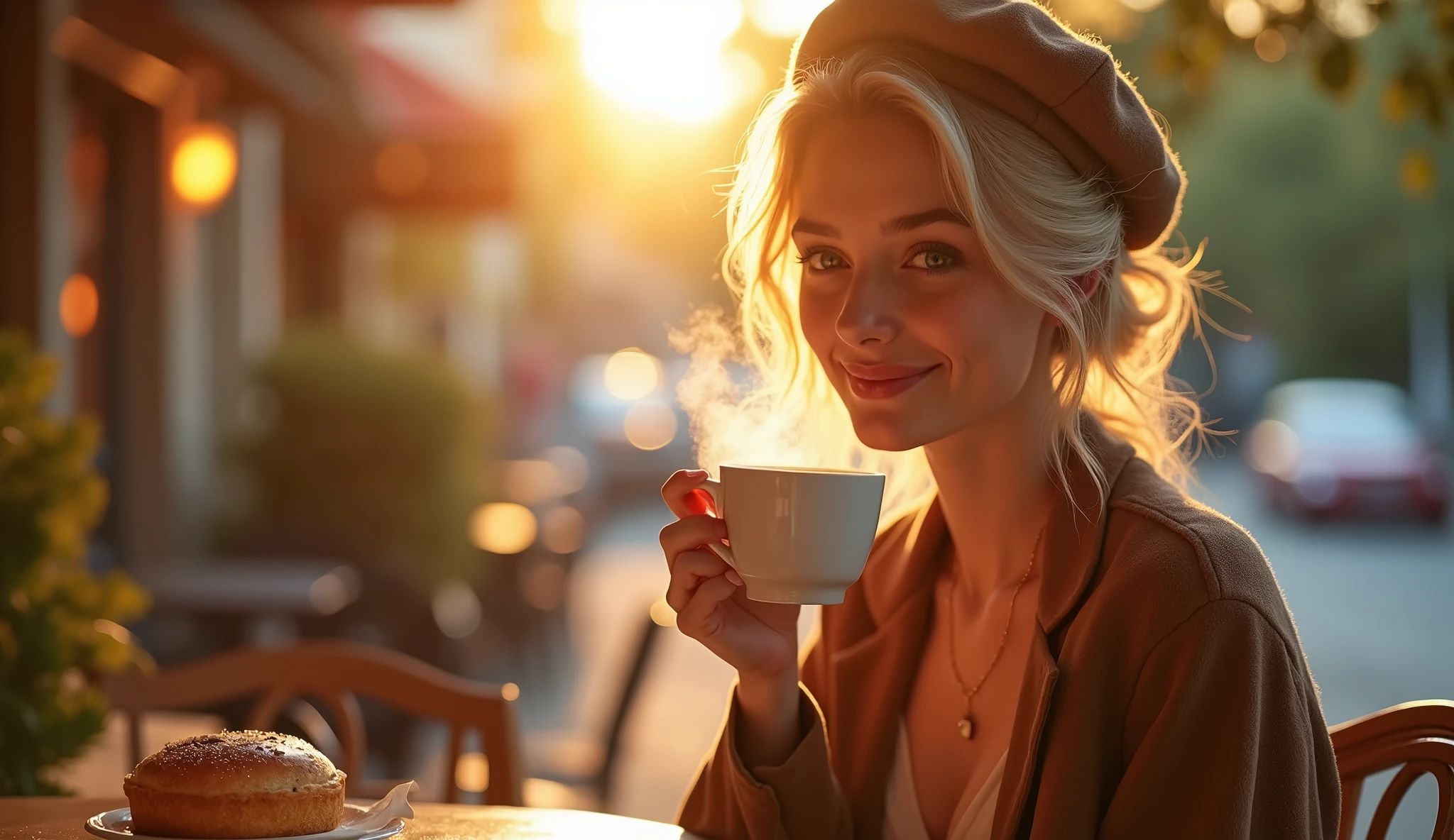 A romantic scene: A fresh supermodel beauty with fair complexion and cute freckles, wavey blonde hair, smile with blushed cheeks as she enjoying a coffee. In a beautiful and warm coffee shop patio at golden hour. Steaming coffee, delicious pastry and warming backlight. Cute female beret and cute female blazer. Her dress is very low cut revealing clearage. Romantic Comedy, expressionistic, Emotional, Dynamic, Distorted emotional effects, energetic, Use unusual colors, detailed, (best quality, masterpiece, photorealistic), very aesthetic, perfect composition, intricate details, ultra-detailed, vivid colors.