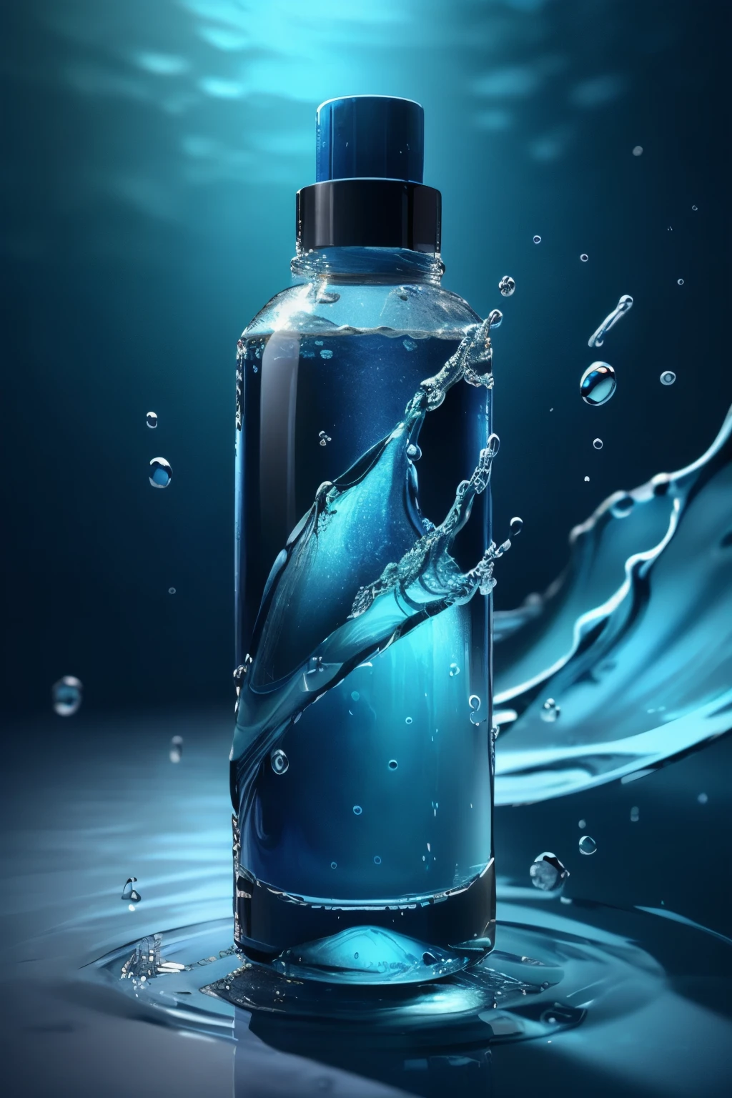 (8k, RAW photo, best quality, masterpiece:1.2),(realistic, photo-realistic:1.37),water,shiny glass bottle,intricate glass design,blue gradient background,water reflection,solo focus,high-end product photography,elegant,luxury,captivating