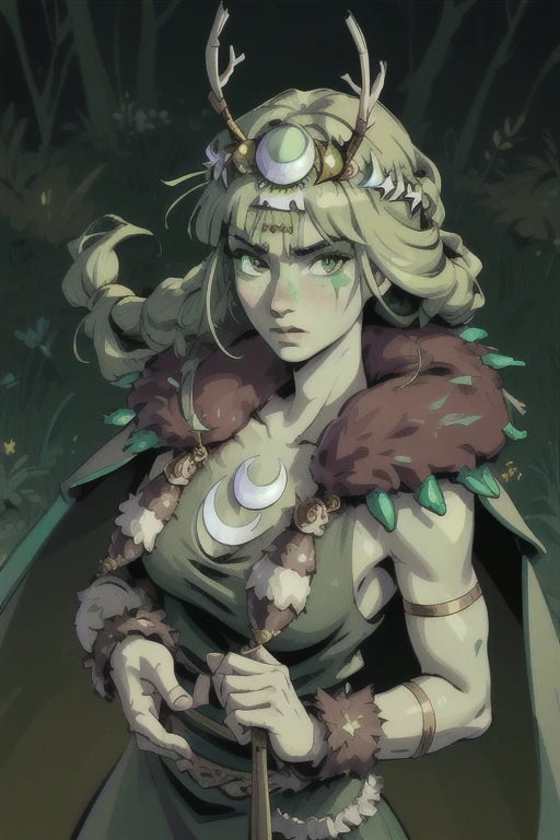 masterpiece, best quality, artemis, green skin, fake horns, facepaint, fur cape, green dress, fur trim, upper body, sandals, forest, from above, looking at viewer, nervous, furrowed brow 