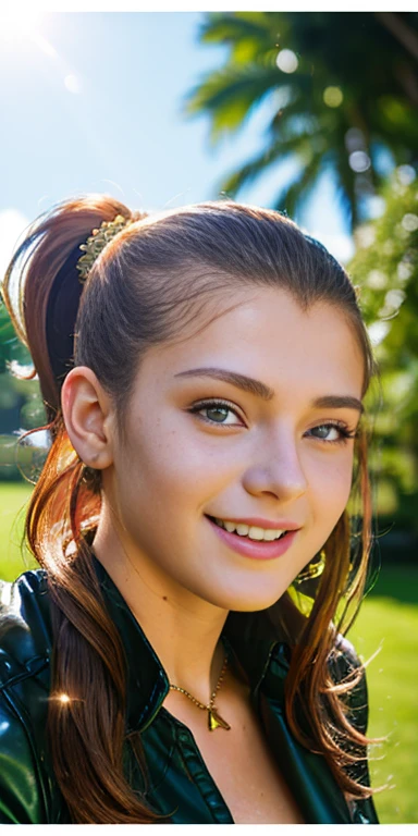 Photo of a 16 year-old European girl, .RAW, very beautiful woman, (Light brown hair ponytail) Ponytail hairstyle , braces on teeth , Nice smile , big smile , ((portrait)), ((detailed face:1.2)), (finely detailed skin), Pale skin,、a sexy one(cold color), wet, wet, Reflectors, (mastrepiece) (perfect proportions)(Realistic photos)(The best quality) (detailed) photographed with a Canon EOS R5, 50mm lens, f/2.8, NffSW, (8k) (wallpaper) (cinematic lighting) (Dramatic lighting) (Sharp focus) (Convoluted)  ,   teenager ,teenage model  , Beautiful teen model, make-up , beautiful elegant dress , Luan Loud  ,Full body photo , full body , sexy heeled long boots , Freckles in the face , medium breasts , beautiful face , beautiful sexy body ,  posing for photo , park , sunny day , garden 