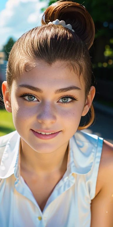 Photo of a 16 year-old European girl, .RAW, very beautiful woman, (Light brown hair ponytail) Ponytail hairstyle , braces on teeth , Nice smile , big smile , ((portrait)), ((detailed face:1.2)), (finely detailed skin), Pale skin,、a sexy one(cold color), wet, wet, Reflectors, (mastrepiece) (perfect proportions)(Realistic photos)(The best quality) (detailed) photographed with a Canon EOS R5, 50mm lens, f/2.8, NffSW, (8k) (wallpaper) (cinematic lighting) (Dramatic lighting) (Sharp focus) (Convoluted)  ,   teenager ,teenage model  , Beautiful teen model, make-up , beautiful elegant dress , Luan Loud  ,Full body photo , full body , sexy heeled long boots , Freckles in the face , medium breasts , beautiful face , beautiful sexy body ,  posing for photo , park , sunny day , garden 