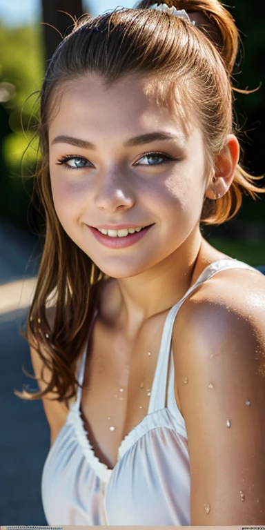 Photo of a 16 year-old European girl, .RAW, very beautiful woman, (Light brown hair ponytail) Ponytail hairstyle , braces on teeth , Nice smile , big smile , ((portrait)), ((detailed face:1.2)), (finely detailed skin), Pale skin,、a sexy one(cold color), wet, wet, Reflectors, (mastrepiece) (perfect proportions)(Realistic photos)(The best quality) (detailed) photographed with a Canon EOS R5, 50mm lens, f/2.8, NffSW, (8k) (wallpaper) (cinematic lighting) (Dramatic lighting) (Sharp focus) (Convoluted)  ,   teenager ,teenage model  , Beautiful teen model, make-up , beautiful elegant dress , Luan Loud  ,Full body photo , full body , sexy heeled long boots , Freckles in the face , medium breasts , beautiful face , beautiful sexy body ,  posing for photo , park , sunny day , garden 