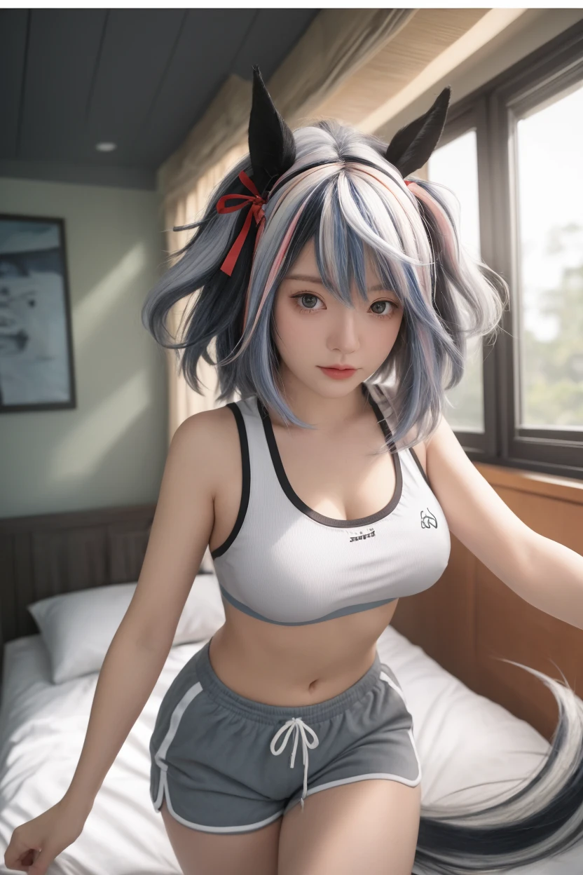 Masterpiece, Top Quality, Realistic, 8K, Cinematic Lighting, Higher, (Japan People), Japan Girl, (Brown Race), Black Skin, (Wet Skin: 1.4), [Light Blue Hair], Medium Hair, Straight, (Side Ponytail: 1.1),(Two-tone Hair Color),(Shy Look:1.2),(Embarrassed Look),,,Body Piercing for Ears,Navel Piercing,Bigini,1 Girl, Spread legs and squat, look at camera, focus on face
