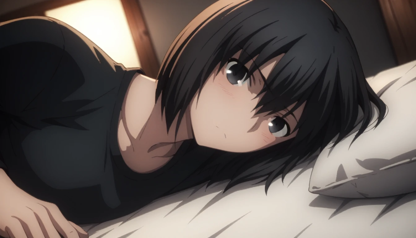 sauce_anime, ambient light,
fsn_ubw_style, 1girl ,tall girl, straight hair ,bob cut hair, black hair, deep black eyes, squinting, hair between eyes, perfect eyes , Perfect face, expressive eyes, close up face:0.2 ,  
(undress black shirt),,suit black pants, (slender body), slim body,
indoors, bed, realistic bed room, on side, ,
cowboy shot, looking at viewer, solo, dutch angle, blush, medium breast, 