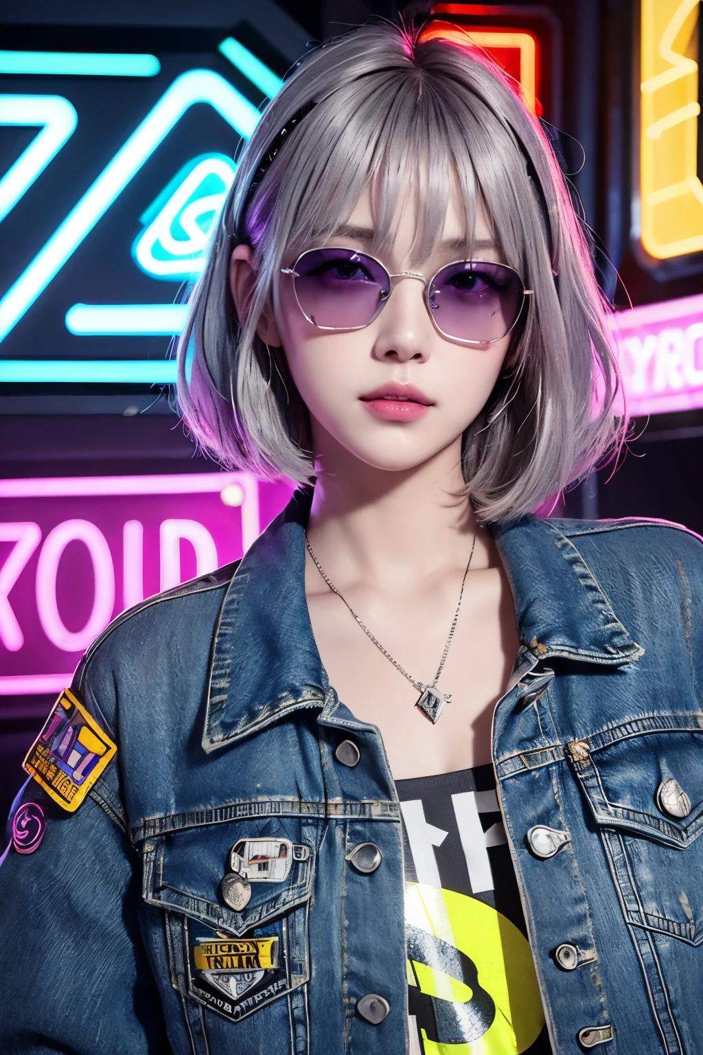 Detailed, beautiful and realistic beauty、A lonely smile、Light colored sunglasses、Silver-gray short bob hair with psychedelic inner color、Cyberpunk Fashion、A flashy, small denim jacket with various patches and badges、Neon Sign Highlights、Realistic digital drawing、Psychedelic colors、It is lit by psychedelic lighting in blue and purple.、Grunge wall、