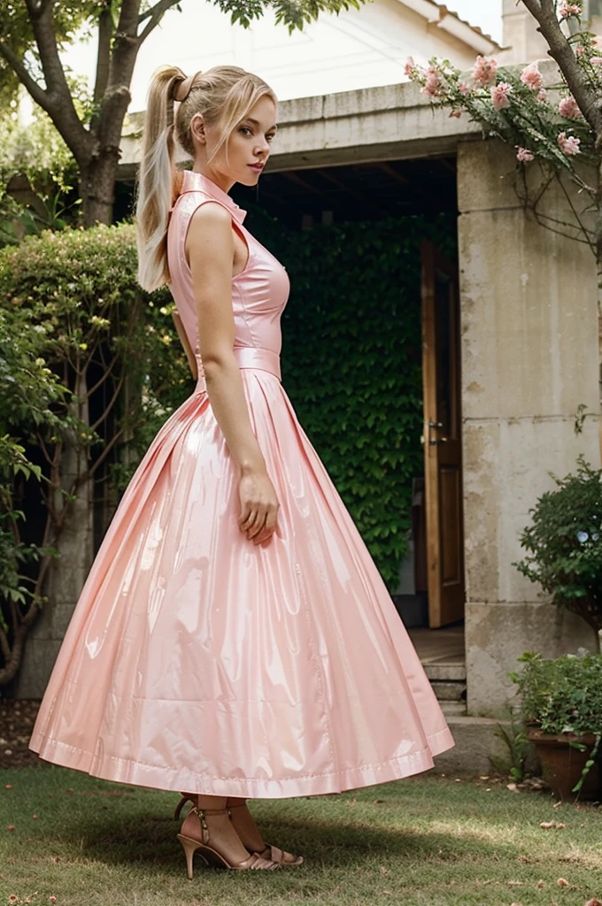 older mature blonde ponytail pink latex dress long skirt garden roses sunny 50 year old