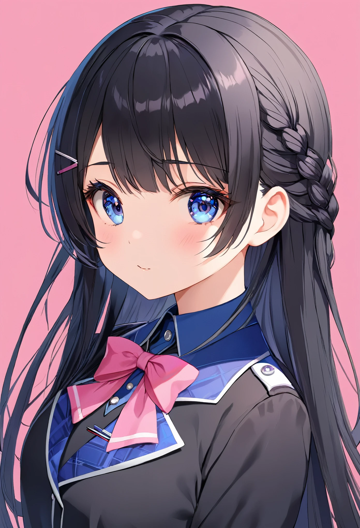 ((masterpiece)), (((Highest quality))), ((Very detailed)), colorful, High resolution, One girl, Black Hair，Braided Hair、beautiful dark blue eyes，alone，Long Hair、mini skirt, Black Uniform，Blue collar、Pink ribbon、Cute Face、Perfect Face、Pink solid background、  Upper Body