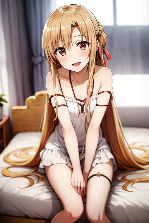 ((Highest quality)), ((masterpiece)), (be familiar with), Perfect Face, indoor, Bedroom, Watching the audience,
One woman, Yuuki Asuna,
Open Mouth, Ecstatic expression, blush, smile,
Small breasts, Flat Chest, , , child, Girl,
Long Hair, Long Hair,
Leg spread,