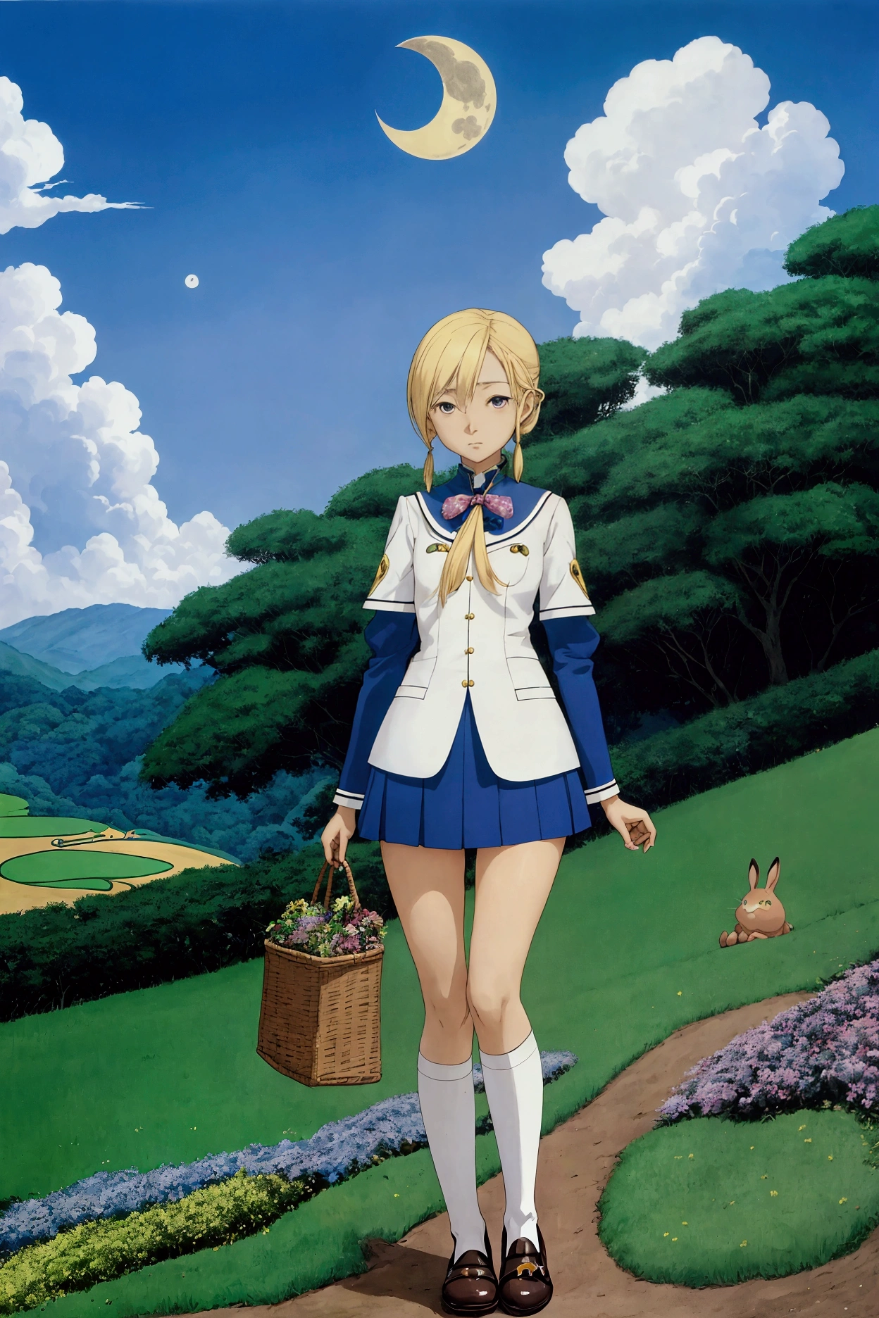 Shinji Wada, Margaret Tempest, Lola Anglada, David Wiesner, Kozue Amano, Surrealism, wonder, strange, fantastical, fantasy, Sci-fi, Japanese anime, crescent moon in a potato field, bipedal rabbit wearing clothes, the adventures of Alice, a beautiful blonde miniskirt girl, perfect voluminous body, detailed masterpiece 