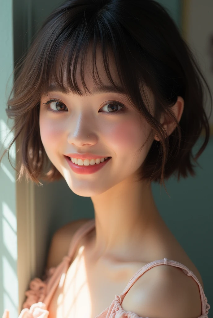 (High resolution:1.3), (16k, Photorealistic, Raw photo, Best image quality: 1.4), Japanese, (One Girl),  (Black-haired、short hair:1.3), Beautiful Hairstyles, (Realistic Skin), Beautiful skins, attractive, 超A high resolution, Surreal, High detail, Golden Ratio, Highly detailed cute girl,(12-year-old), Lying in bed, (smile:1.8), (Open your mouth 1.5)
