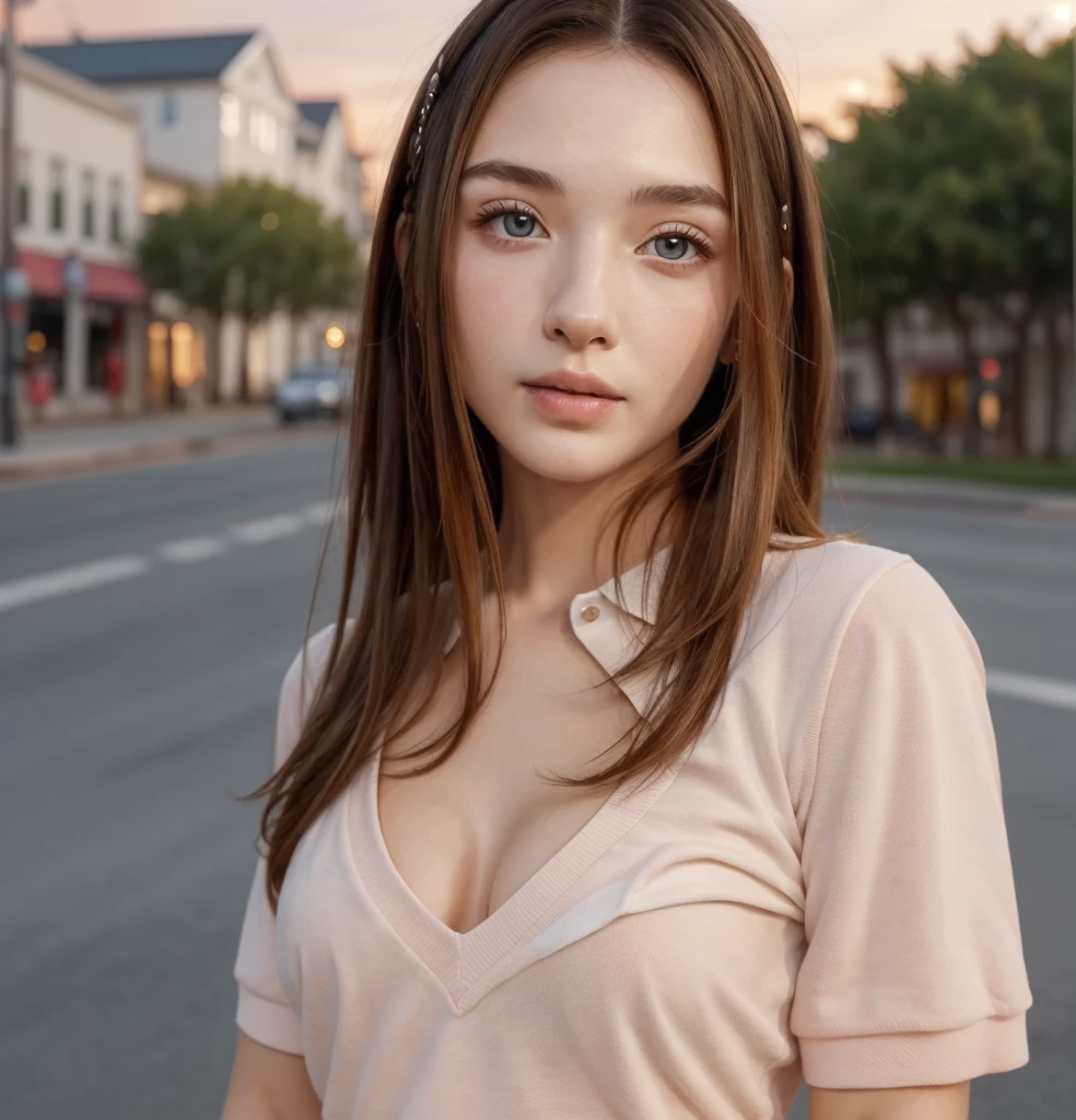 Young Scandinavian girl, cute face, fascinating, top quality, masterpiece, closed mouth, (, in the neighborhood), very detailed and without errors), pause,カジュアルな, [blush], beautiful, complex, caustic, (( (lips soft))), , Very detailed, (realistic: 1.2), Niroudef, Redhead, perfect legs, (looking at viewer: 1.2), (standing: 1.2), dusk, sunset, dress (polo: 1.2), miniskirt Random (neckline: 1.1), realistic, sharp and true colors, sharp focus. (long dark hair) stunning hazel eyes, delicate, innocent, high resolution, detailed facial features, high detail,