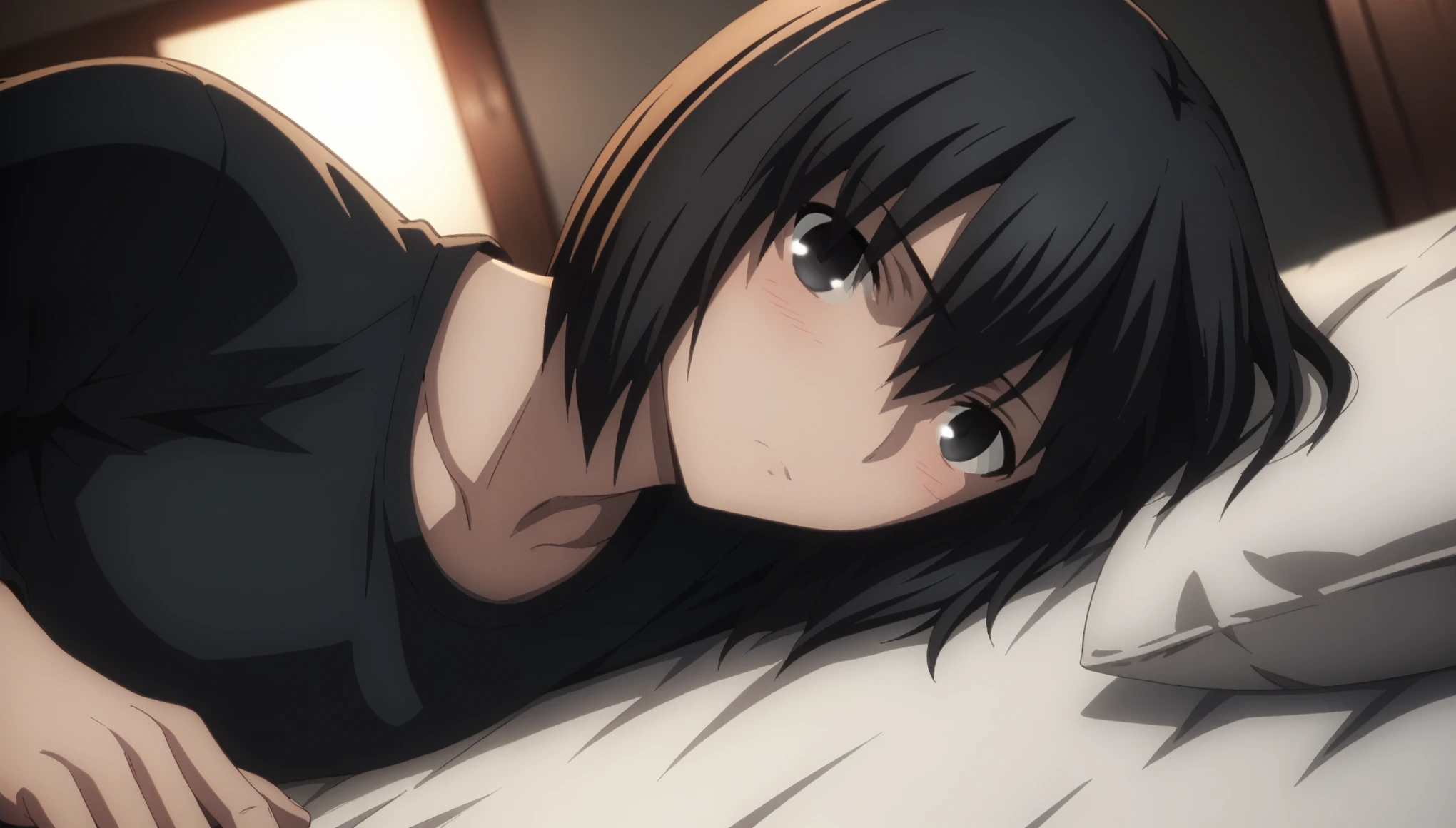 sauce_anime, ambient light,
fsn_ubw_style, 1girl ,tall girl, straight hair ,bob cut hair, black hair, deep black eyes, squinting, hair between eyes, perfect eyes , Perfect face, expressive eyes, close up face:0.2 ,
(undress black shirt),,suit black pants, (slender body), slim body,
indoors, bed, realistic bed room, on side, ,
cowboy shot, looking at viewer, solo, dutch angle, blush, medium breast,