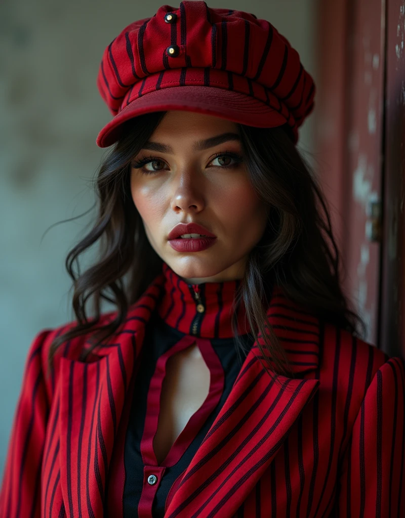 A woman in red and black stripes, in the style of hip hop aesthetics, dark white and dark maroon, classic academia, rollerwave, dark maroon and dark gray, fawncore, The texture of the photo, with clear details