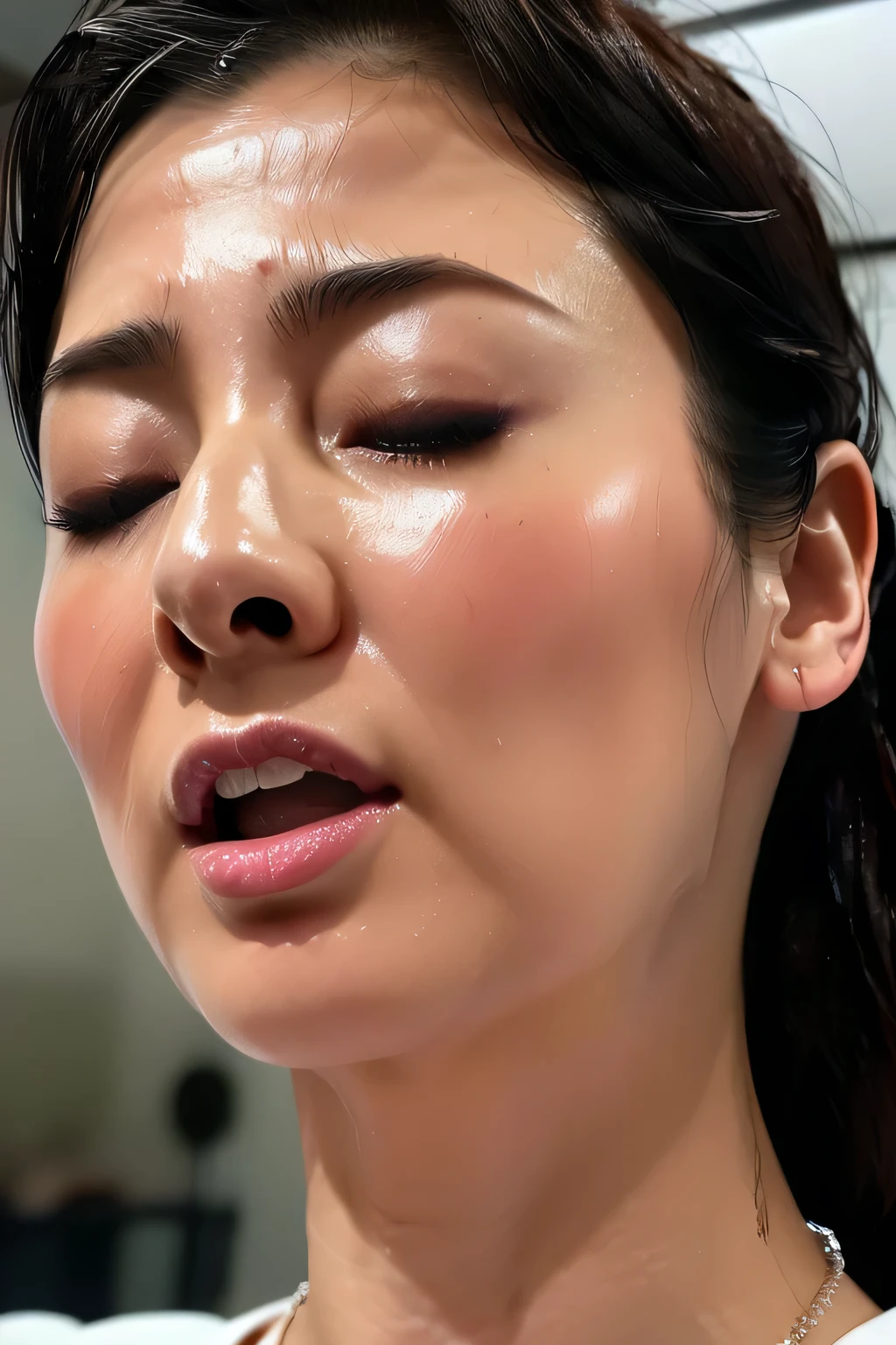 beautiful japanese actress,(photo realistic:1.4), (hyper realistic:1.4), (realistic:1.3),very detailed, edge orgasm,face Focus, woman with open mouth and closed eyes , woman with edge _face、3、black haired、 news anchor、very small toilet,((Sweat)),((skin shining with Sweat))((Clabrasion glistening with Sweat,face shining with Sweat)),（(Sweaty skin))((Sweaty skin)),Entrance to the house、white collared shirt,tied hair、teacher,(((wet filter))),,(((faceのクローズアップ)))((カメラに顔を近づける))