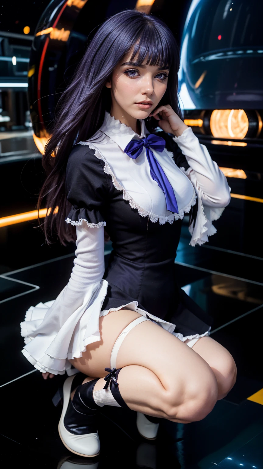 (1 lady), (Best quality at best:1.4), (ultra - detailed), (extremely detailed CG unified 16k), A Beautiful Woman with Perfect Figure: 1.4, Sharp Focus: 1.2, purple hair, very detailed, High-definition RAW color photo, professional photoshooting, amazing face and eyes, cosmetics, (amazingly beautiful girl), ((frederica bernkastel)), ((exact clothes: dress, bowtie, mary janes, socks, cat tail, tail bow, tail ornament)), levitating in a cute posture, (floating in space), (She's levitating in a cosmic sea, outer space:1.3, quantum hyperspace room lacking walls, hyperspace chamber, extremely detailed background, a lot of details background, realistic background), (look from above), realistic cinematic face, head to feet long wide zoomed out view, full body long view, photorealistic, ((realistic natural purple hair style, purple eyes)), gorgeous, extremely beautiful face, perfect model beauty, pout mouth, Highly Detailed Face and Skin Texture, Detailed Eyes, Double Eyelids, Big Breasts, Expressionless, (masterpiece), best quality, high resolution, extremely detailed, cinematic lighting, amazing legs, high heels, clear and well-cared skin, pale skin