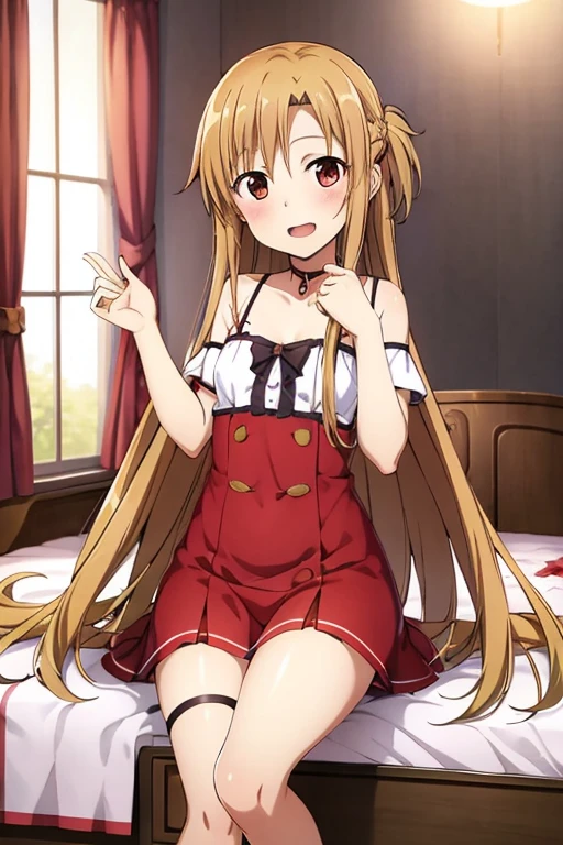 ((Highest quality)), ((masterpiece)), (be familiar with), Perfect Face, indoor, Bedroom, Watching the audience,
One woman, Yuuki Asuna,
Open Mouth, Ecstatic expression, blush, smile,
Small breasts, Flat Chest, , , , Girl,
Long Hair, Long Hair,
Leg spread,