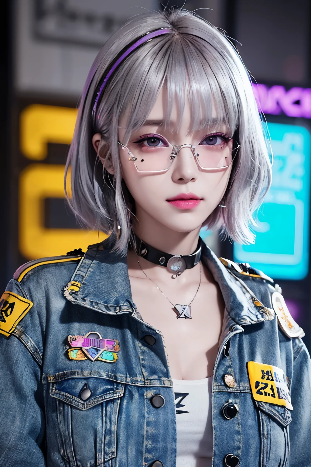 Detailed, beautiful and realistic beauty、Smile、Light colored sunglasses、Psychedelic silver-gray short bob hair、Cyberpunk Fashion、A flashy denim jacket with various patches and badges、Neon Sign Highlights、Realistic digital drawing、Psychedelic colors、Blue and purple lighting、ultra realistic digital painting、Bright flare、Grunge wall、