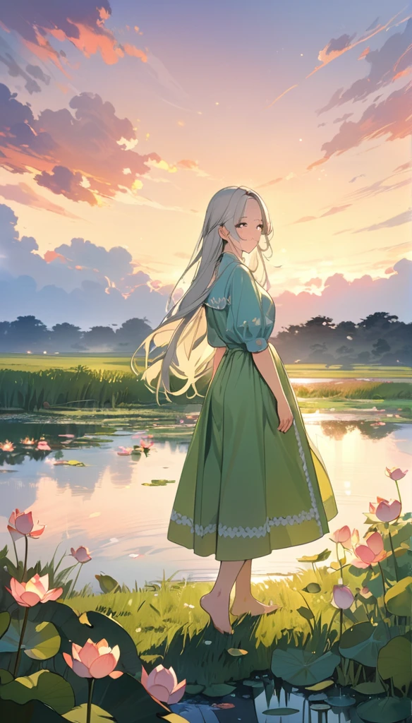 ((4K,masterpiece,Highest quality)), Watercolor,Lotus, A girl who dresses modestly, alone, Silver blonde long hair, smile, Are standing, barefoot,grassland,Starry Sky,Cloudy,There is a pond,Wildflowers are in full bloom,Vibrant colors,Illustration art,Anime Art,