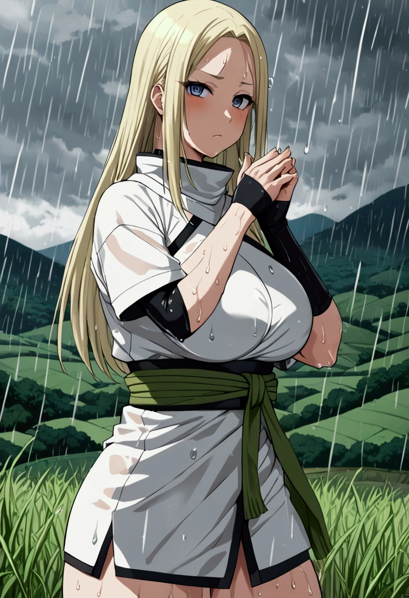 (8k, Highest quality, Dramatic, View your viewers, Intricate details:1.3),(One woman, Tsunade from naruto, Big Breasts, I can see the valley), (White color, Ninja uniform, See-through, Sweating, The whole body is visible, Being hit by rain, Soaking wet)