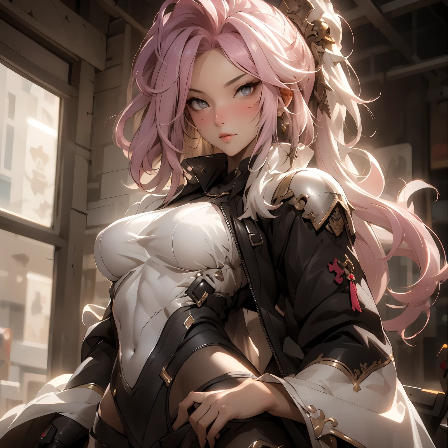 (best quality)), ((Masterpiece)), (details:1.4), 3d, HDR (high dynamic range), an image of a beautiful cyberpunk female, cyberpunk, pink hair, High ponytail, hips up, Beautiful White eyes, จมูกโด่ง, ปากแดง, หน้าอกใหญ่, nvidia RTX, PBR surface, After processing, Anisotropic filtration,depth of field, Maximum clarity and clarity, multi-layered surface, Subsurface scattering, perfect proportions, 8K raw files, ultra detailed, Perfect proportions, volumetric lighting, soft lighting, Holy Paldin, Heavy Golden Armor, black dress, intricate Silver embroidery, glossy skin, Castle Background, jewely, ต่างหู, mini white skirt, blackglove, long-sleeved golden jackget,