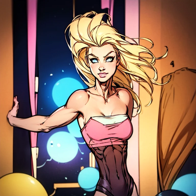 Kara Zor-El, slim face, light blonde long hair, blue eyes, blonde eyelashes, light pink lips, thin lips, floaty voluminous  parted curtain bangs, red high cut V-shaped bottoms, blue strapless tank-top, underboob, thin body, skinny muscles, chiseled eight-pack abs, bubble-butt, muscular legs, thigh gap, ****, (obra maestra de mejor calidad, ultra realista, detallado)