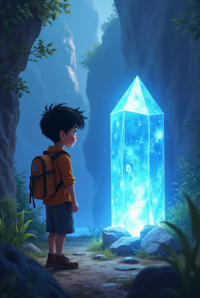 a boy with black hair, black eyes, wearing a blue shirt and white shorts and white sneakers with a toy in his hand, singing the song as the rock opens and the Crystal is released.