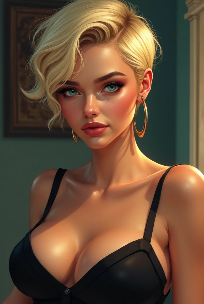 A hot 18yo cheerleader, (glossy pink lipstick, light purple eyeliner), sensual eyes and long eyelashes, glossy blonde hair short bob haircut, opened unzipped tight blouse, (nice huge cleavage), front shot, warm light, kitty summer the hot milf daughter