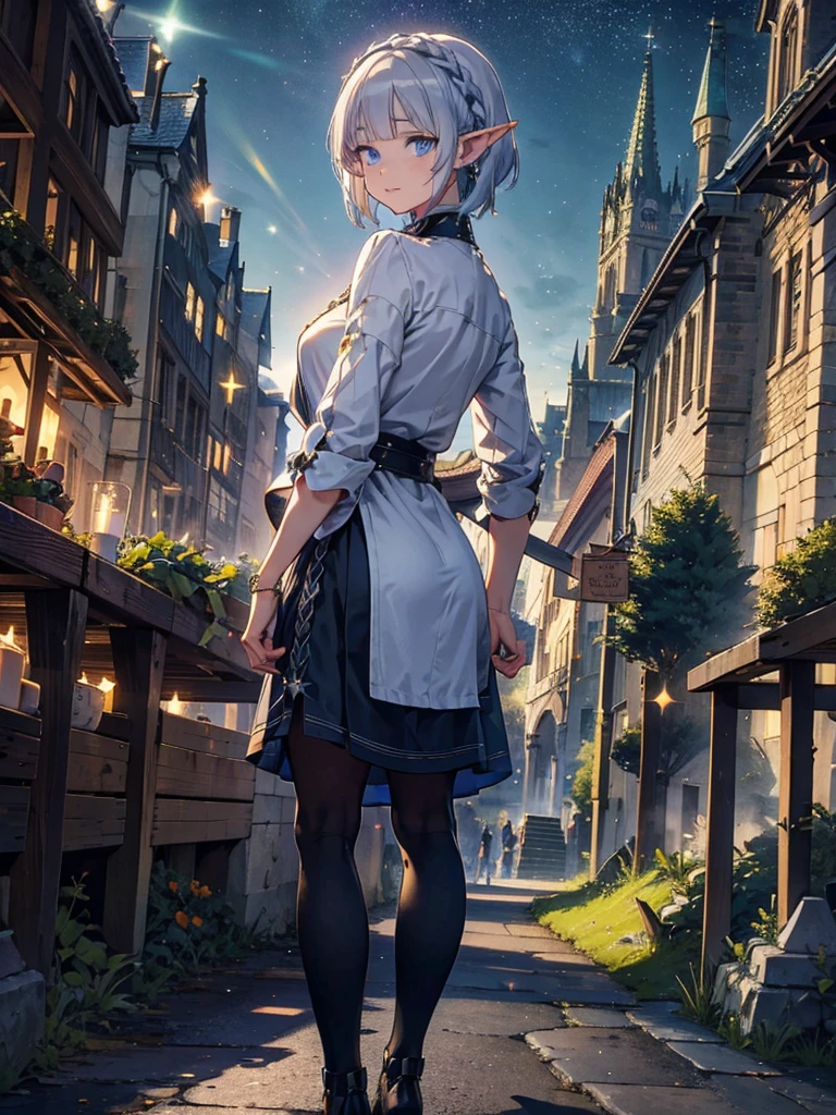 The cathedral is in the background、Medieval cityscape at night,　Stars Shining、Wide Road、Pointed Ears、Elf、blue eyes、Green casual clothing、Long eyelashes、Silver braided short hair